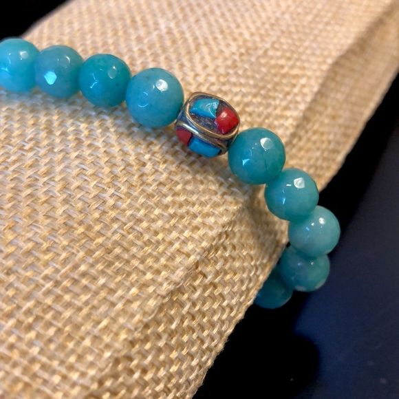 Faceted Jade Bead Bracelet w Bronze Accent Beads w Coral & Turquoise Inlay - Picture 9 of 11
